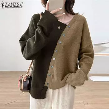 ZANZEA Женские осенние контрастные цветные вязаные теплые свитера с длинным рукавом S вино красного