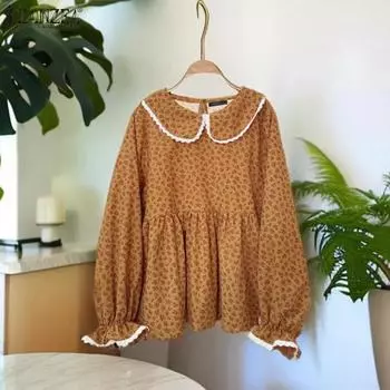 ZANZEA Женские осенние блузки с длинным рукавом и цветочным принтом с кружевом S коричневый