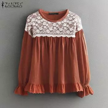 ZANZEA Женские осенние кружевные блузки с круглым вырезом и длинным рукавом L