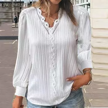ZANZEA Женские осенние кружевные блузки с V-образным вырезом и длинными рукавами в полоску S