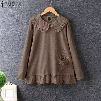 ZANZEA Женские осенние кружевные лацканы с длинным рукавом и принтом футболки S бежевый