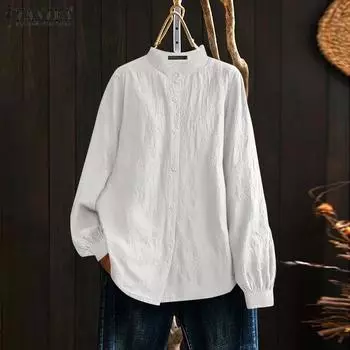 ZANZEA Женские осенние кружевные рубашки с круглым вырезом и длинным рукавом M белый