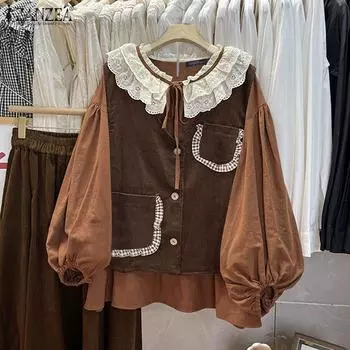 ZANZEA Женские осенние кружевные рубашки-фонарики с длинным рукавом в клетку M оранжевый