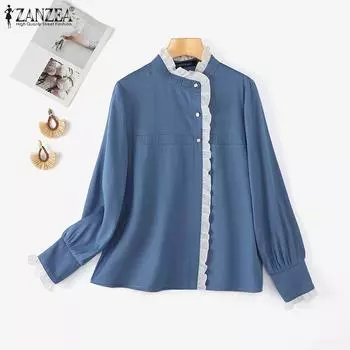 ZANZEA Женские осенние куртки с круглым вырезом и длинным рукавом, контрастного цвета, с оборками S синий