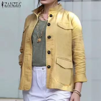 ZANZEA Женские осенние куртки с воротником-стойкой и длинными рукавами на пуговицах, однотонные S зелёный