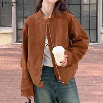 ZANZEA Женские осенние куртки с воротником-стойкой и длинными рукавами и свободными карманами темно-синий