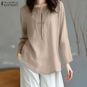 ZANZEA Женские осенние однотонные блузки с круглым вырезом и длинным рукавом S жёлтый