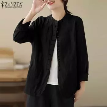 ZANZEA Женские осенние однотонные куртки с круглым вырезом и длинным рукавом L хаки