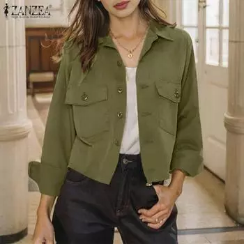 ZANZEA Женские осенние однотонные куртки с воротником-рубашкой и длинным рукавом S чёрный