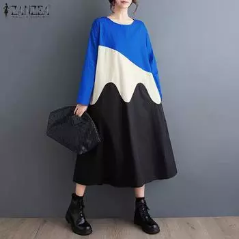 ZANZEA Женские осенние платья А-силуэта с круглым вырезом и длинным рукавом и контрастным волнистым краем M зелёный