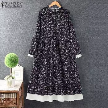 ZANZEA Женские осенние платья А-силуэта с круглым вырезом и длинным рукавом и цветочным принтом S коричневый