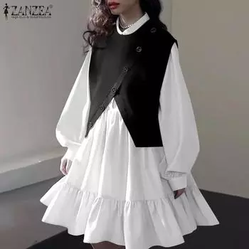 ZANZEA Женские осенние платья-фонарики с воротником-рубашкой и длинными рукавами из двух частей А-силуэта M синий