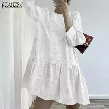ZANZEA Женские осенние платья-фонарики с круглым вырезом и длинными рукавами, кружевные платья А-силуэта S белый