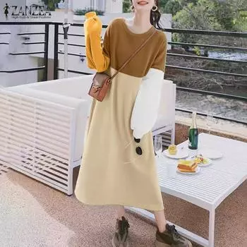 ZANZEA Женские осенние платья-футляры с круглым вырезом и длинным рукавом в цветочных блоках M зелёный