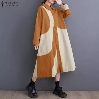 ZANZEA Женские осенние платья-рубашки с длинным рукавом и контрастным принтом 4XL чёрный