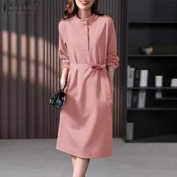 ZANZEA Женские осенние платья с полуворотом и длинными рукавами на бретелях M зелёный