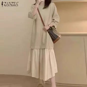 ZANZEA Женские осенние платья-свитера с круглым вырезом и длинным рукавом контрастного цвета S бежевый