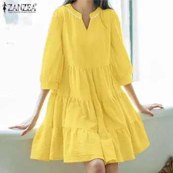 ZANZEA Женские осенние платья свободного покроя с V-образным вырезом и рукавом 3/4 S жёлтый