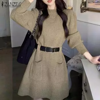 ZANZEA Женские осенние плюшевые платья с круглым вырезом и длинным рукавом и карманами хаки