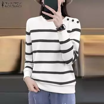 ZANZEA Женские осенние полосатые трикотажные футболки с круглым вырезом и длинным рукавом S чёрный
