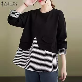 ZANZEA Женские осенние полосатые трикотажные толстовки с круглым вырезом и длинным рукавом S хаки