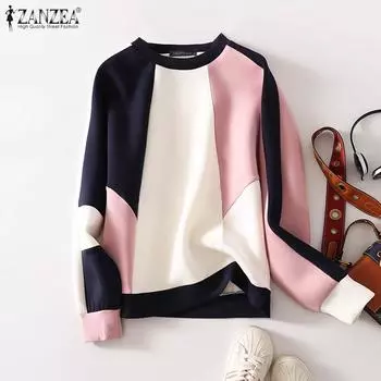 ZANZEA Женские осенние повседневные топы с длинным рукавом в стиле пэчворк M темно-серого