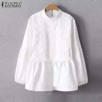 ZANZEA Женские осенние рубашки А-силуэта с круглым вырезом и заниженной линией плеч с длинным рукавом и кружевом M белый