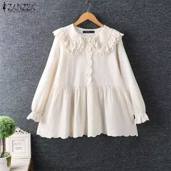 ZANZEA Женские осенние рубашки А-силуэта с кружевными лацканами и длинными рукавами M белый