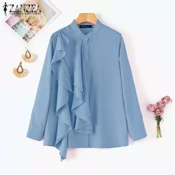 ZANZEA Женские осенние рубашки с длинным рукавом и однотонными оборками S зелёный