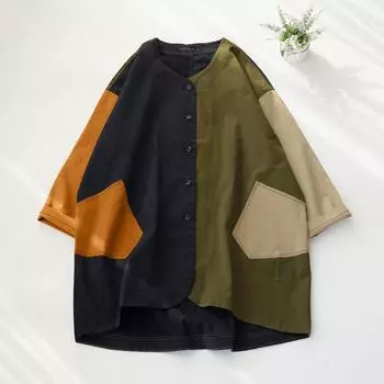 ZANZEA Женские осенние рубашки с круглым вырезом и длинным рукавом, контрастные цвета S зелёный