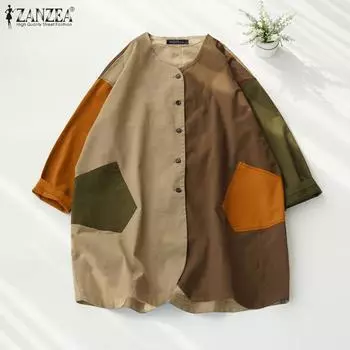 ZANZEA Женские осенние рубашки с круглым вырезом и длинным рукавом, контрастные цвета XL