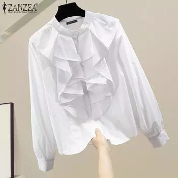 ZANZEA Женские осенние рубашки с круглым вырезом и длинным рукавом с оборками, однотонные S белый