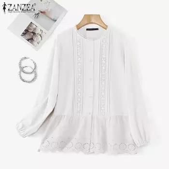 ZANZEA Женские осенние рубашки с круглым вырезом и длинным рукавом в полоску и кружевом S белый