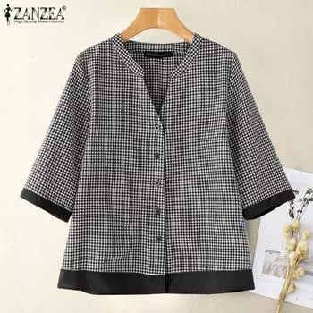 ZANZEA Женские осенние рубашки с V-образным вырезом и рукавом 3/4 в контрастную клетку S синий