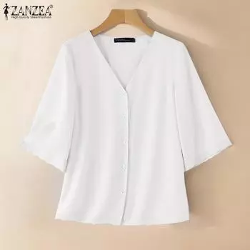 ZANZEA Женские осенние рубашки с V-образным вырезом и рукавами 3/4 на пуговицах, однотонные S белый