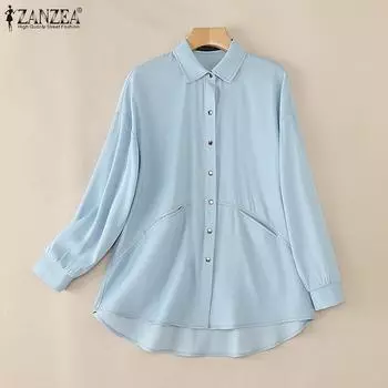 ZANZEA Женские осенние рубашки с воротником и длинным рукавом, свободные рубашки с карманами 4XL светло-синий