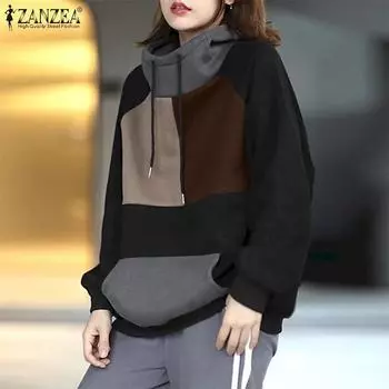 ZANZEA Женские осенние свитера с капюшоном и воротником-реглан с длинным рукавом контрастного цвета S темно-зеленого