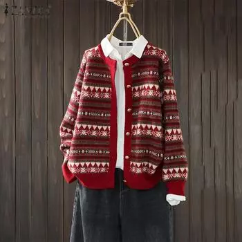 ZANZEA Женские осенние свободные кардиганы с круглым вырезом и длинным рукавом в полоску XL хаки