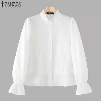 ZANZEA Женские осенние свободные кружевные рубашки с воротником-стойкой и длинным рукавом S белый