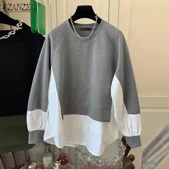 ZANZEA Женские осенние свободные свитера с круглым вырезом и длинным рукавом контрастного цвета S чёрный