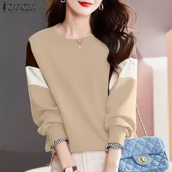 ZANZEA Женские осенние свободные свитера с круглым вырезом и длинным рукавом контрастного цвета XL красный