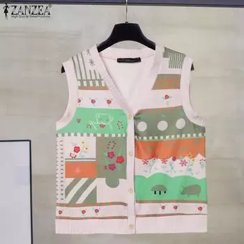 ZANZEA Женские осенние свободные жилеты без рукавов с V-образным вырезом и принтом S темно-синий