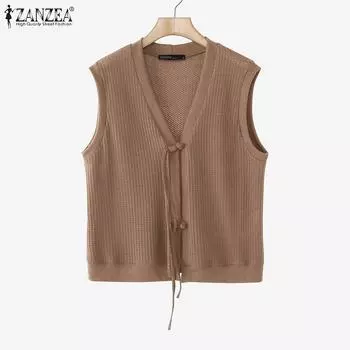 ZANZEA Женские осенние текстурированные жилеты без рукавов с V-образным вырезом S бежевый