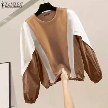 ZANZEA Женские осенние толстовки-фонарики с круглым вырезом и длинным рукавом контрастного цвета S чёрный