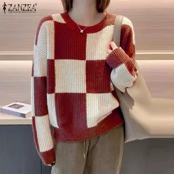 ZANZEA Женские осенние толстовки-пуловеры с круглым вырезом и длинным рукавом в контрастную клетку S коричневый