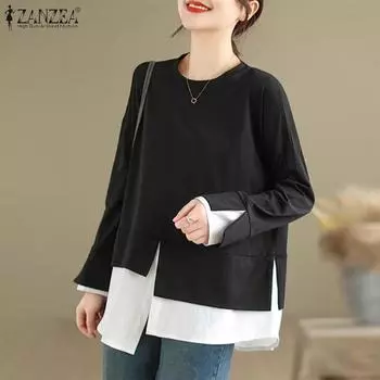 ZANZEA Женские осенние толстовки-пуловеры с круглым вырезом и длинным рукавом из двух частей с разрезом S чёрный