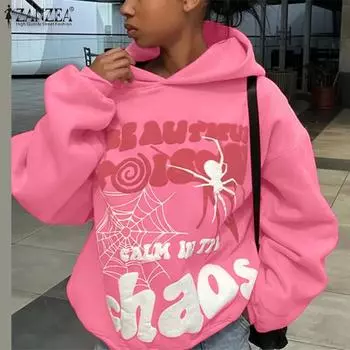 ZANZEA Женские осенние толстовки с капюшоном и длинным рукавом с принтом S жёлтый