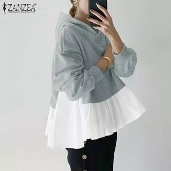 ZANZEA Женские осенние толстовки с капюшоном и длинными рукавами в стиле колор-блок S зелёный