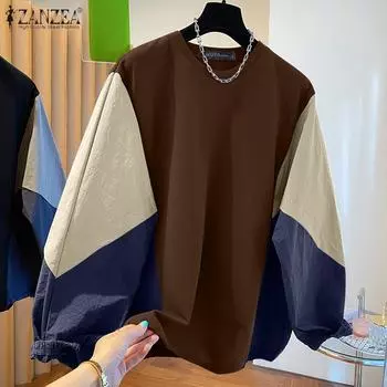 ZANZEA Женские осенние толстовки с круглым вырезом и длинным рукавом контрастного цвета S чёрный