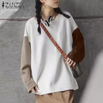 ZANZEA Женские осенние толстовки с круглым вырезом и длинным рукавом контрастного цвета S зелёный